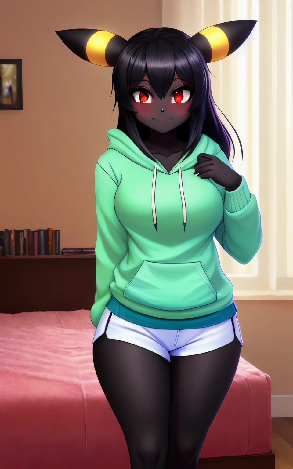 Umbreon girl, sexy, sensual, uploaded to E621, beautiful and detailed portrait of an anthropomorphic umbreon ((female))) uploaded to E621, black hair, medium breasts, thick thighs, hips, teenager ((18years)), solo, skinny body, bedroom, blush, embarrassed smile, long hair, ((red eyes, black fur, black body)), (white hoddie, blue shorts)
