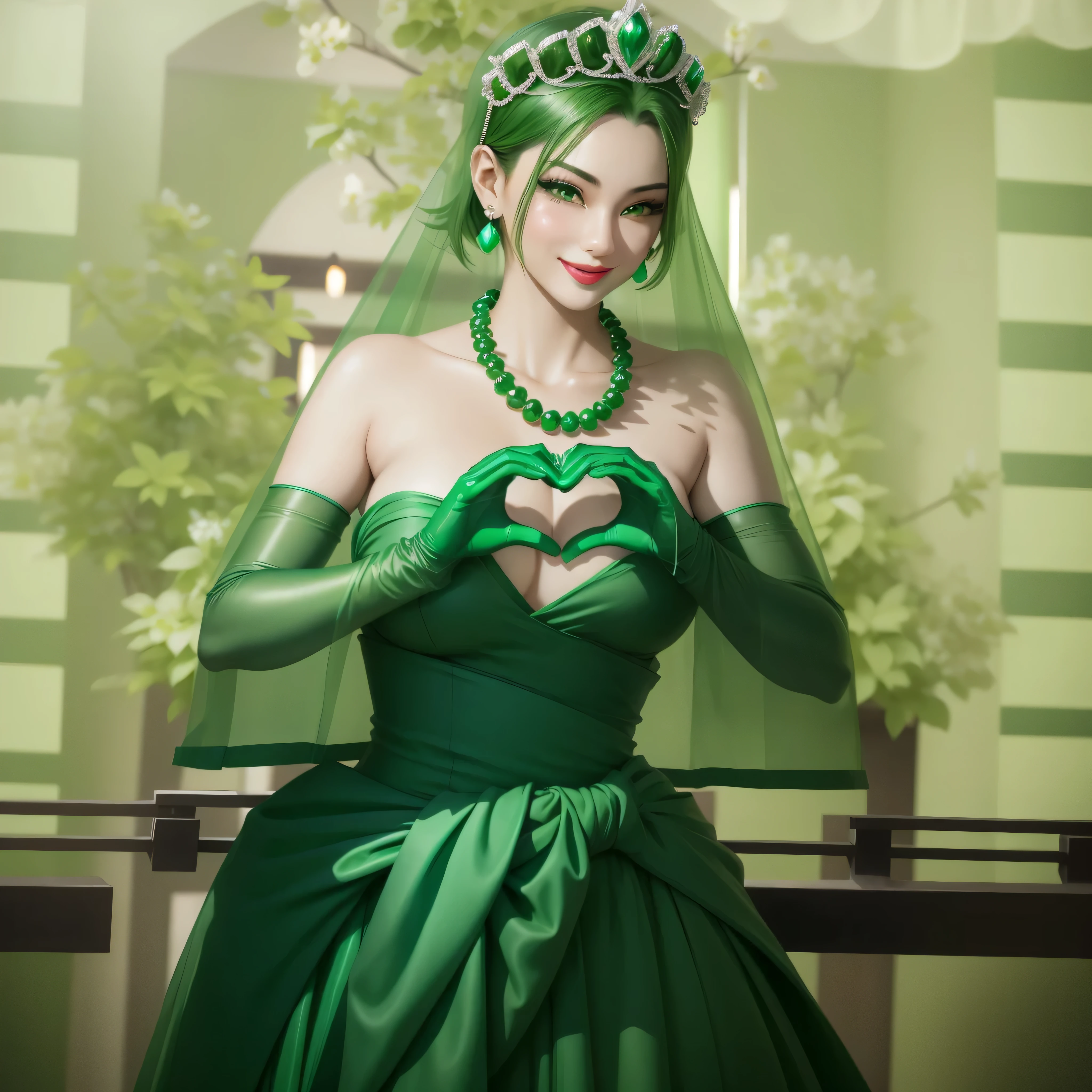 emerald tiara, green pearl necklace, boyish very short green hair, Green Lips, smiling Japanese woman, very short hair, Beautiful woman with big breasts, green eyes, Green satin gloves, green eyes, emerald earrings, green veil, Heart with both hands, green hair, beautiful japanese woman, Heart shaped hands:1.3, green lip gloss