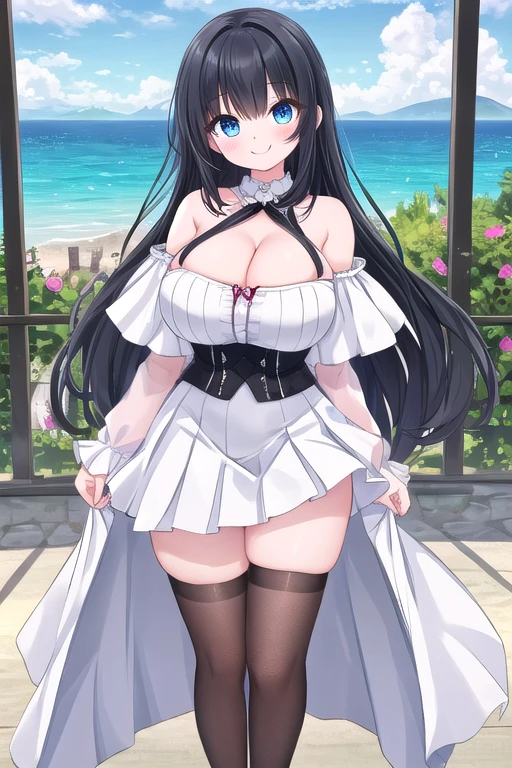 ((best quality)), ((masterpiece)), (detailed), perfect face,
A Cute Girl, Long Black hair, Beautiful Blue eyes, Ultra Massive Breasts, very wide hips, very large thighs, and is very short. Wearing a (Mild Cleavage, off-shoulders, Cute White Dress) with Black shoulder straps, Long Black pleated skirt, Standing in a Modern House, with a beautiful Ocean view in the background, Pretty Face, with a cute little smile.