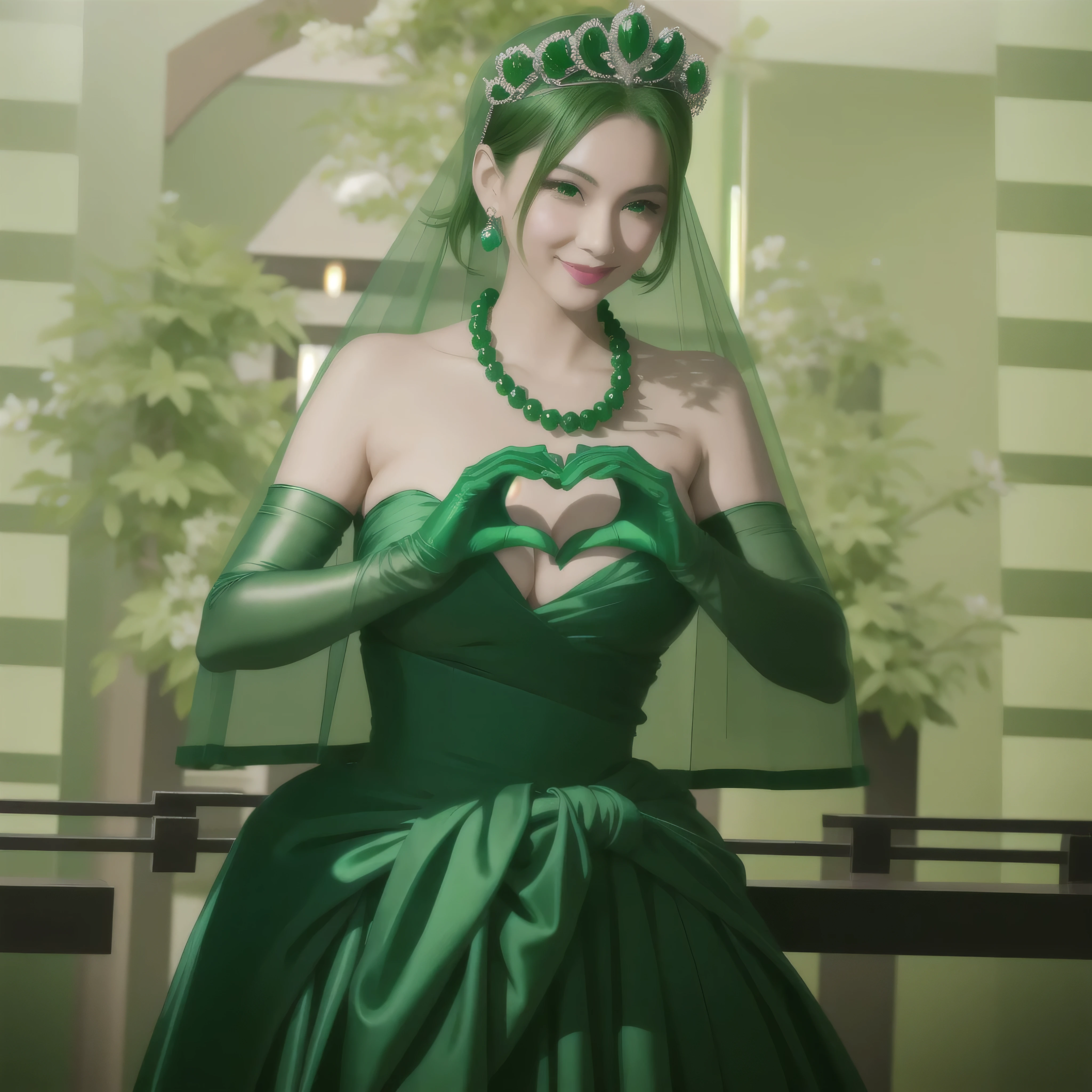 emerald tiara, green pearl necklace, boyish very short green hair, green lips, smiling Japanese woman, very short hair, Beautiful woman with big breasts, green eyes, green satin long gloves, green eyes, emerald earrings, green veil, Heart with both hands, green hair, beautiful japanese woman, heart shaped hands:1.3, green lip gloss