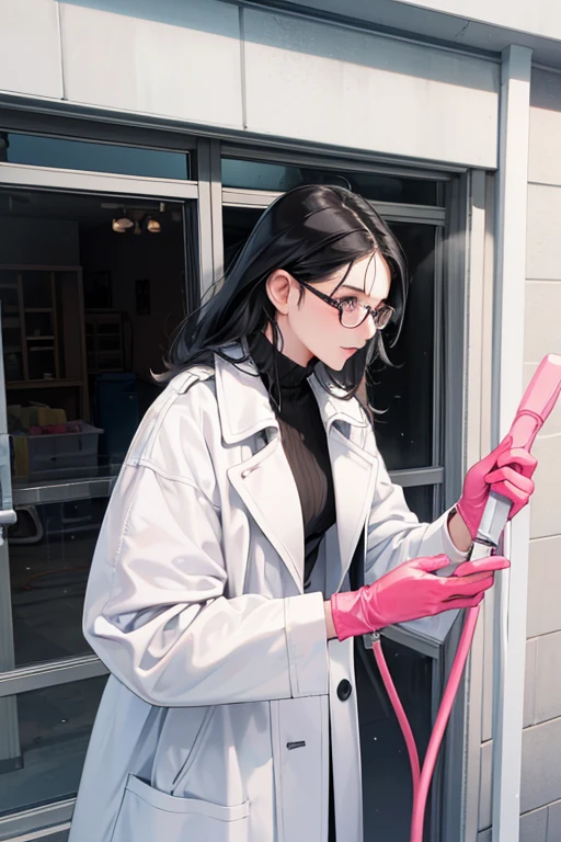 A mature woman with black hair and glasses wearing a white coat and pink rubber gloves washing the windows of a school building with a hose
