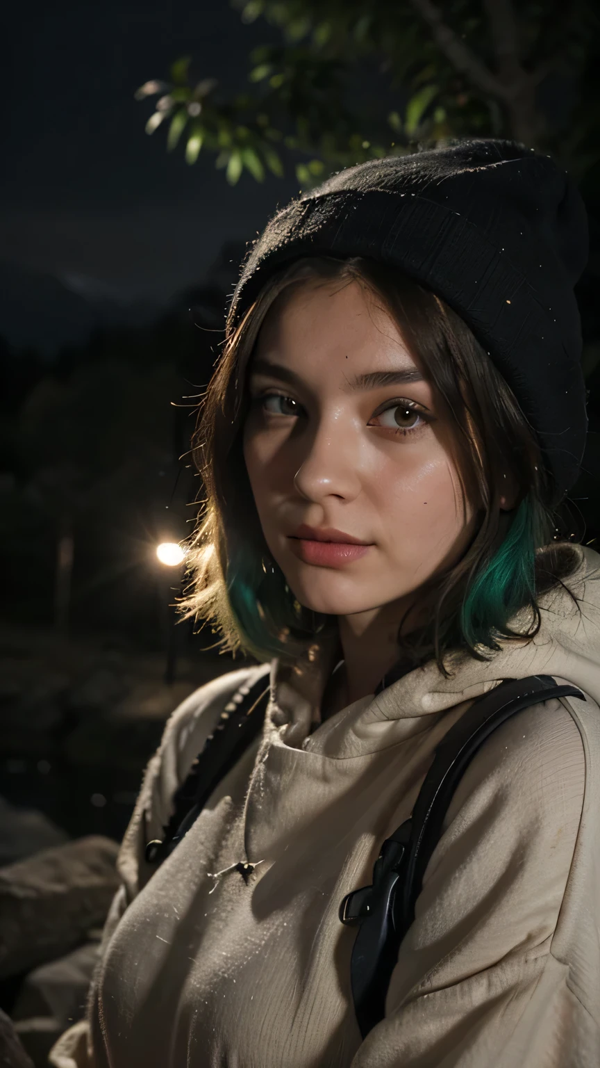 1girls, Nur, green Hair , 24 years old , photorealistic, best quality, hyper detailed, beautiful woman, selfie photo, upper body, solo, wearing pullover, outdoors, (night), mountains, real life nature, stars, moon, (cheerful, happy), sleeping bag, gloves, sweater, beanie, flashlight, forest, rocks, river, wood, smoke, fog, clear sky, analog style, looking at viewer, skin texture, film grain, close up, ultra high res, best shadow, RAW, instagram LUT