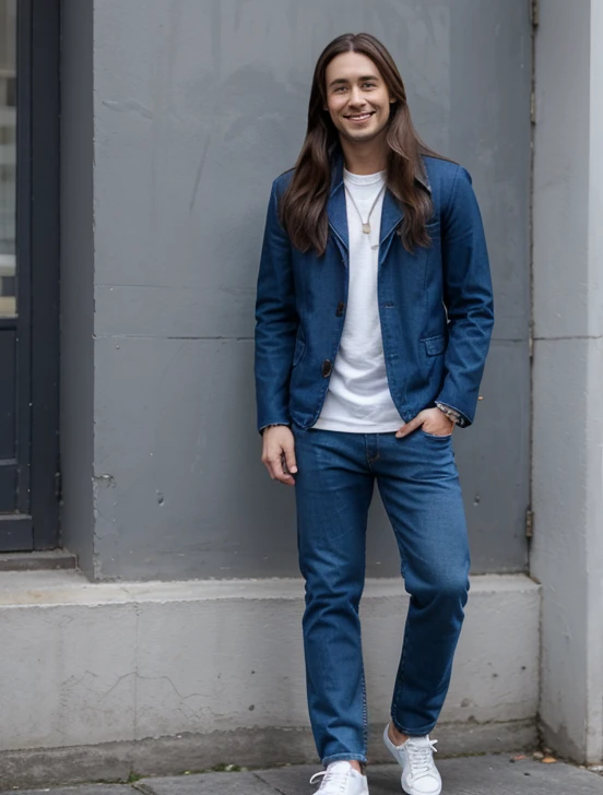 1man, long hair, smart style, blue jacket, blue long jeans pant, full body, he is solo, smile, white shoes,