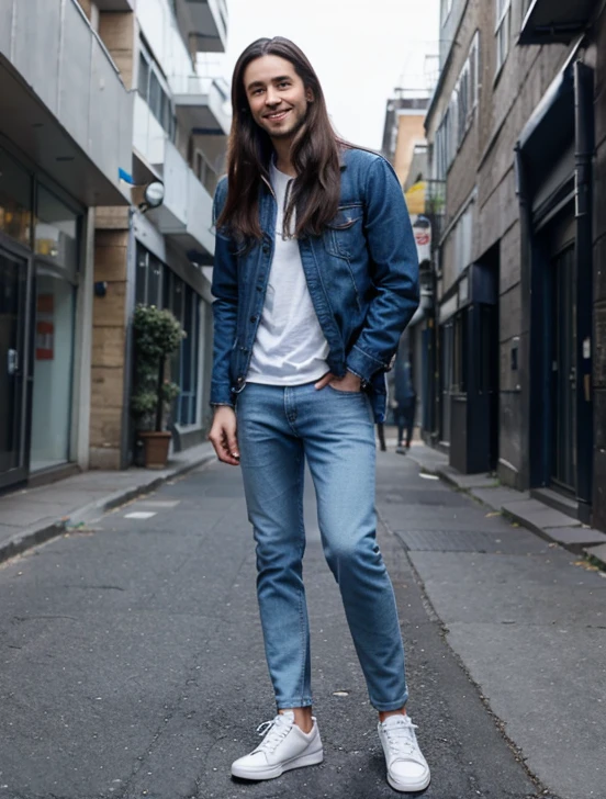 1man, long hair, smart style, blue jacket, blue long jeans pant, full body, he is solo, smile, white shoes,
