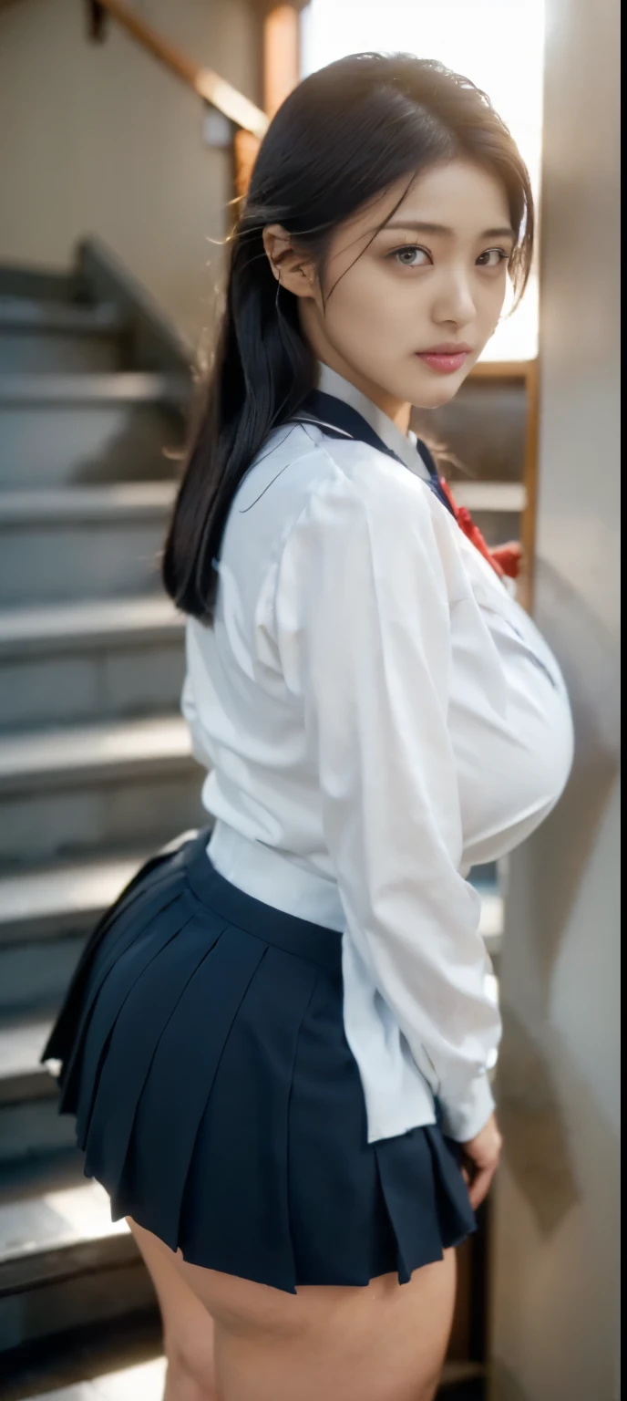 ((Japan&#39;the most beautiful schoolgirl))、((ミズ 45 years old々Beautiful plump body))((beautiful white skin))((Too young and firm and huge breasts))、((black hair short))、((Tuck your hair behind your ears and expose your ears))((She has the face of a serious young lady, like the chairman type..))((high school girl uniform))、((plump plump lips))、((Breasts so big that you can almost see the uniform&#39;It&#39;s going to explode))((arm hair ties))、((serious honor student))、((Looking down at me from the top of the stairs at home))、((I can see a glimpse of white underwear))、((An angelic smile))、((Ultra-realistic texture))、((young sexual schoolgirl))、((obscene thighs))、((The gap between her handsome face and erotic body is amazing))、((Plain but the most erotic body in school))、((Body type like a gravure idol))、((super high quality))、((super high quality))、((Moody lewd))、big ass、angle from behind、45 years old、facial wrinkles