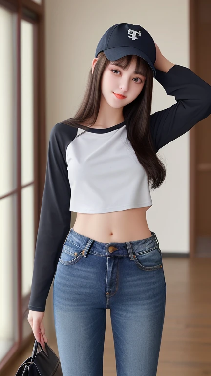 1girl in、-yeormal , perfect body ratio, body goals girl, ideal girl, perfect girl, she's my girlfriend、full body Esbian、perfect anatomy, detailed anatomy, A dark-haired, cute bangs, long straight dark hair, sweet smile, stunning face, good girl, gorgeous and cute face, white baseball caps, black polkadot pretty long sleeve shirt, bare less shirt, perfect outfit, dark blue casual jeans, perfect camera, HD quality, high picture quality、inside house environment