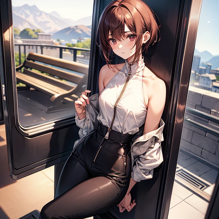 masterpiece、delicate details、adult woman、Sophisticated、On a city train、Slender beauty、Oversized mountain parka(close zip)、high neck、Zipped up to the neck、beautiful clavicle、Low rise skinny pants、tall、I like the style、small breasts、Sharp Eyes、cool beauty、older sister、pixie cut、short nape、Thick-soled boots、Reddish brown hair、