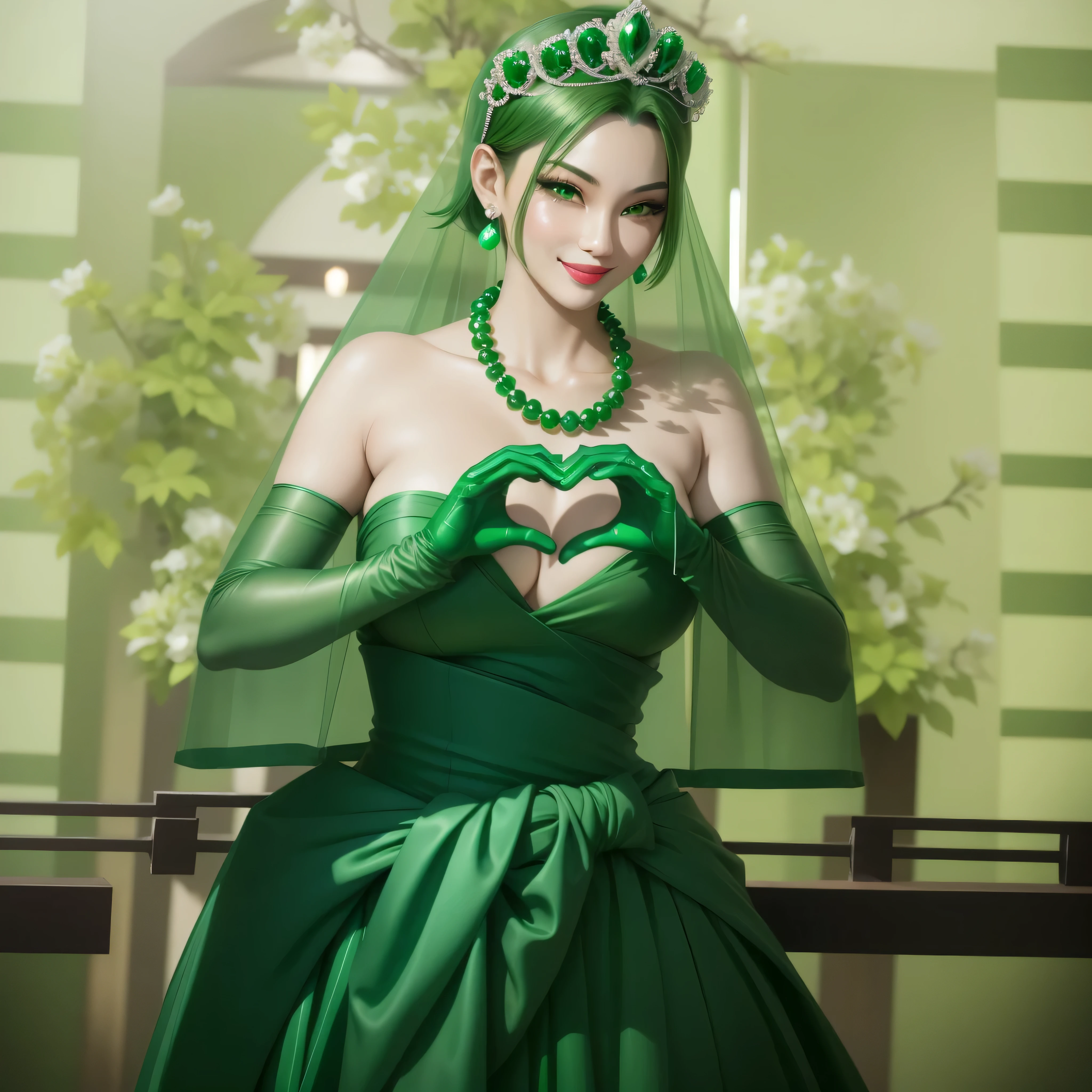 emerald tiara, green pearl necklace, boyish very short green hair, Green Lips, smiling Japanese woman, very short hair, Beautiful woman with big breasts, green eyes, Green satin gloves, green eyes, emerald earrings, green veil, Heart with both hands, green hair, beautiful japanese woman, Heart shaped hands:1.3, green lip gloss