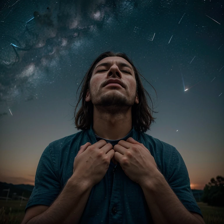Um homem ajoelhado em um campo vasto, Looking up at the starry night sky. Hands raised up, like you're trying to open the sky, asking for redemption and forgiveness. His facial expression is one of deep emotion and regret, your eyes closed in a mix of despair and hope. The scene conveys a sense of spiritual quest and the need for reconciliation with something greater than oneself..