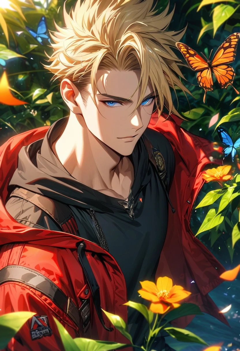 Ultra detailed, highres, absurdres, HDR, Vash Stampede, blond hair, blue eyes, red long coat with a hoodie, black shirt, amber round sunglasses, Trigun, green leaves, flowers and petals, summer, 1 man only, handsome, butterflies