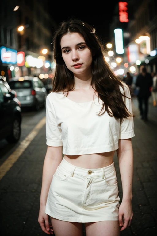 full body photograph of a brunette woman with wavy hair, 21 years old, realistic photo, in street, (Flak vest)