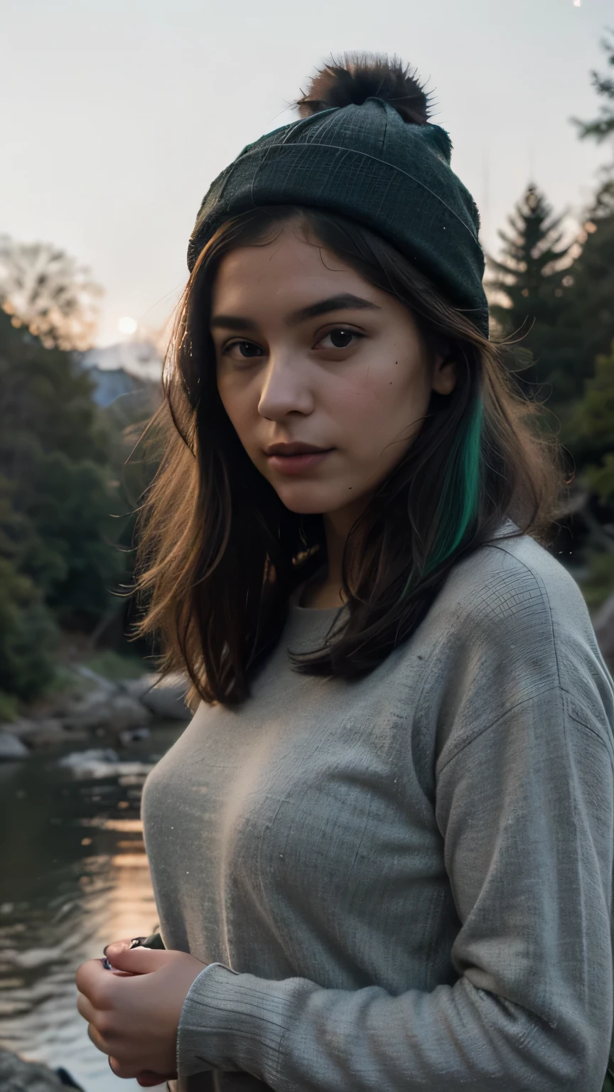 1girls, Nur, green Hair , 24 years old , photorealistic, best quality, hyper detailed, beautiful woman, selfie photo, upper body, solo, wearing pullover, outdoors, (night), mountains, real life nature, stars, moon, (cheerful, happy), sleeping bag, gloves, sweater, beanie, flashlight, forest, rocks, river, wood, smoke, fog, clear sky, analog style, looking at viewer, skin texture, film grain, close up, ultra high res, best shadow, RAW, instagram LUT