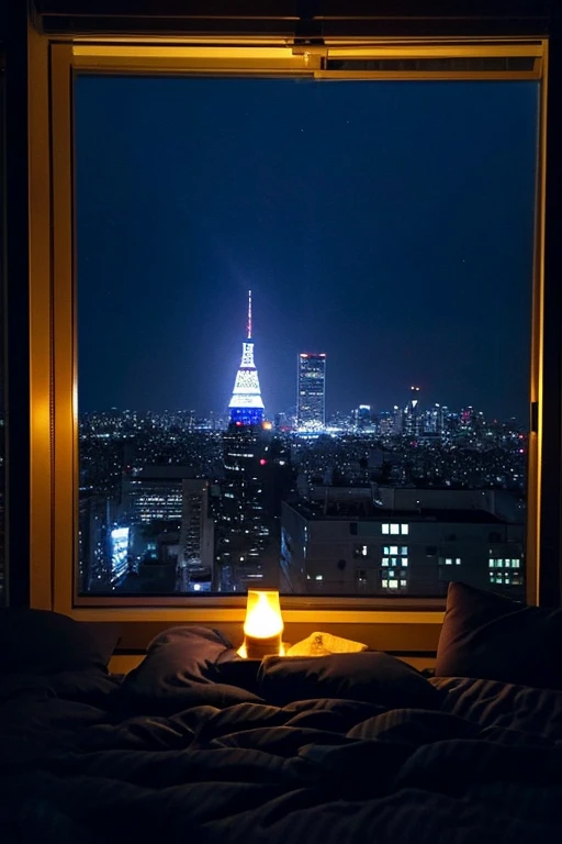 city night、Tokyo Tower seen from the window、dark bedroom、Big black bed、Lonely、moonlight、Candles