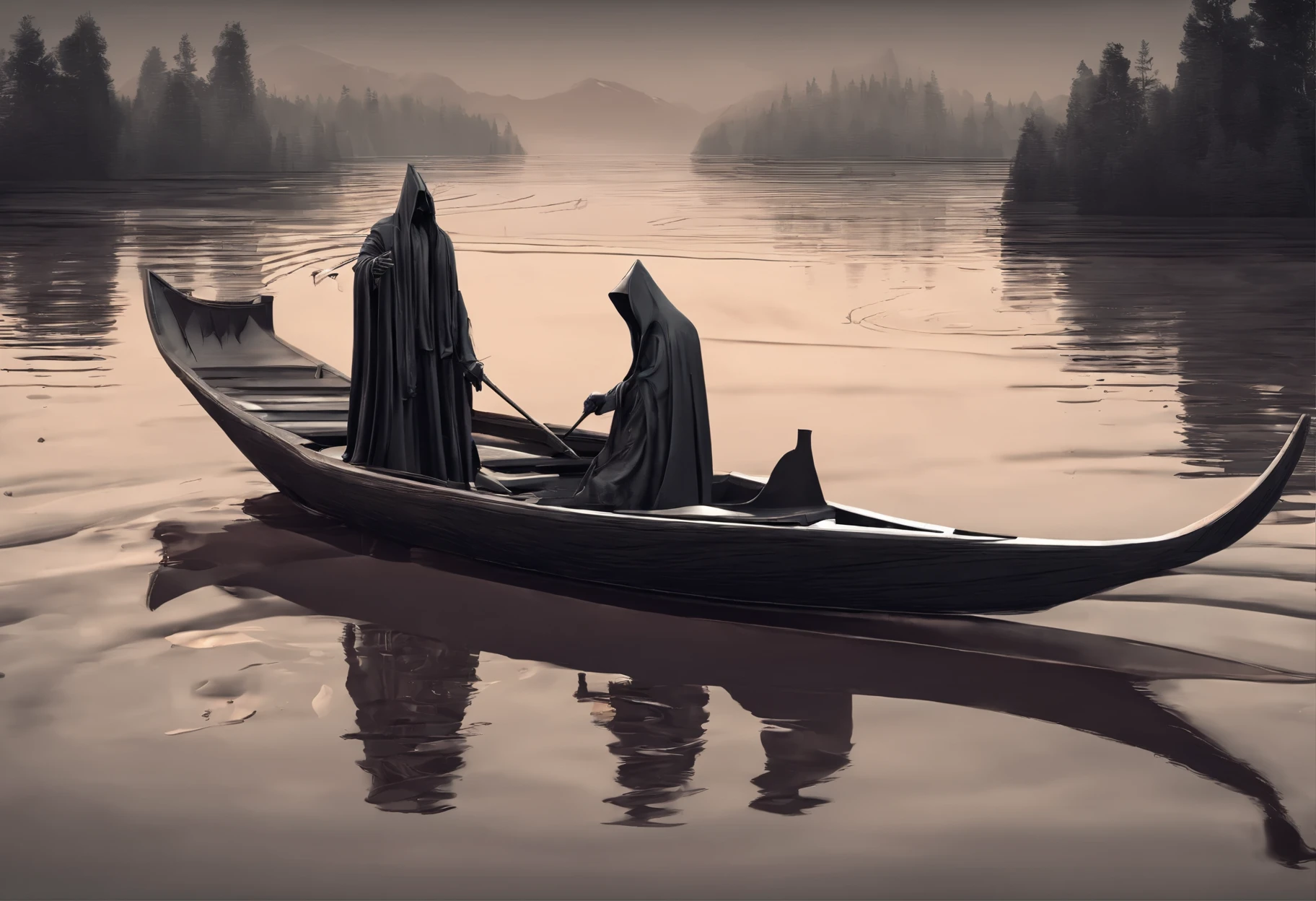 Craft a hyper-realistic Grim reaper is standing rowing a small wooden boat with a person who is sitting on the same boat in void with red water. Render every fold and texture of the fabric with meticulous detail,reflecting the surrounding environment with stunning clarity. Incorporate subtle imperfections and weathering to add depth and authenticity to the scene, Zbrush. hyper realistic oil. exaggerated perspective, contour shadow, realistic 8k