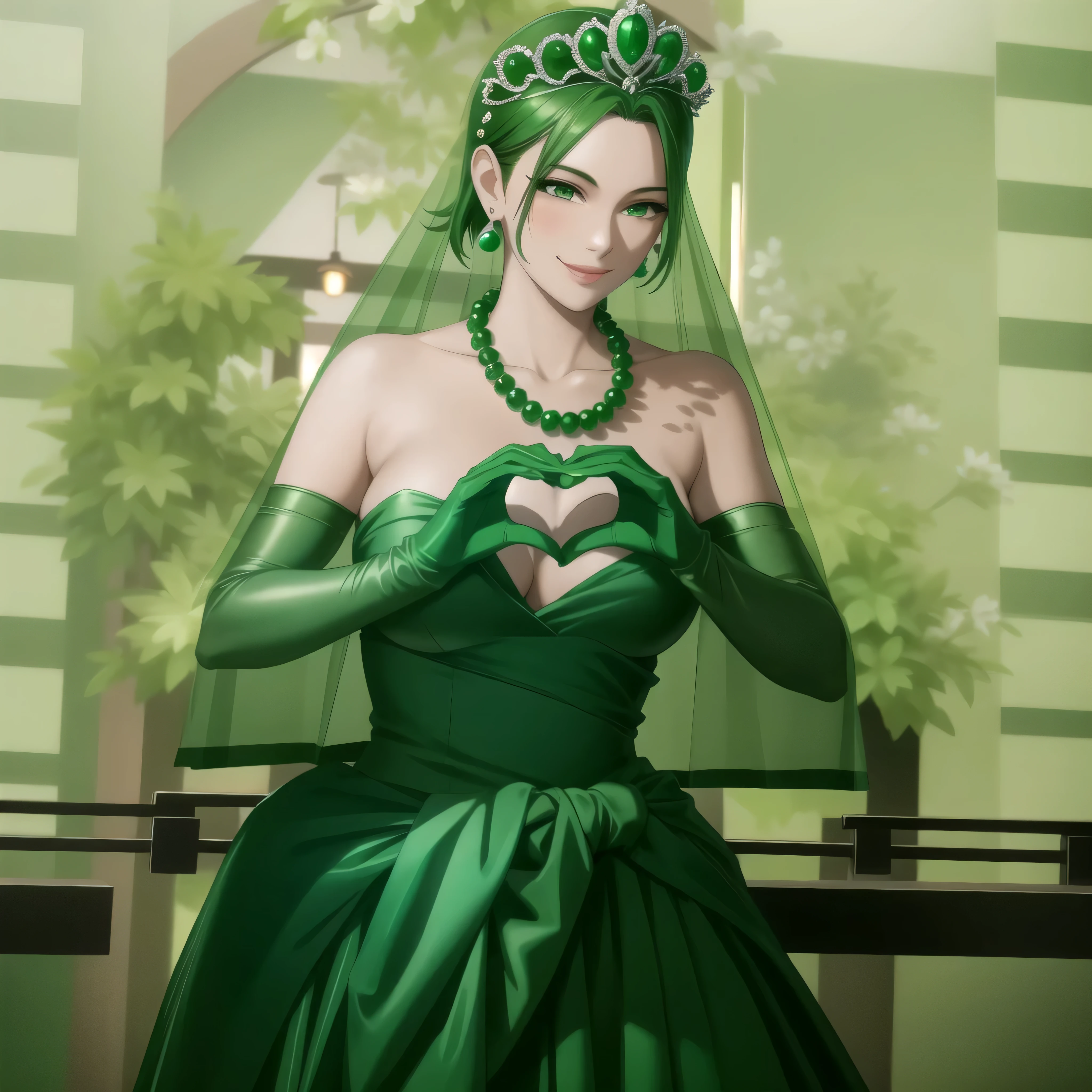 emerald tiara, green pearl necklace, boyish very short green hair, green lips, smiling Japanese woman, very short hair, Beautiful woman with big breasts, green eyes, green satin long gloves, green eyes, emerald earrings, green veil, Heart with both hands, green hair, beautiful japanese woman, heart shaped hands:1.3, green lip gloss
