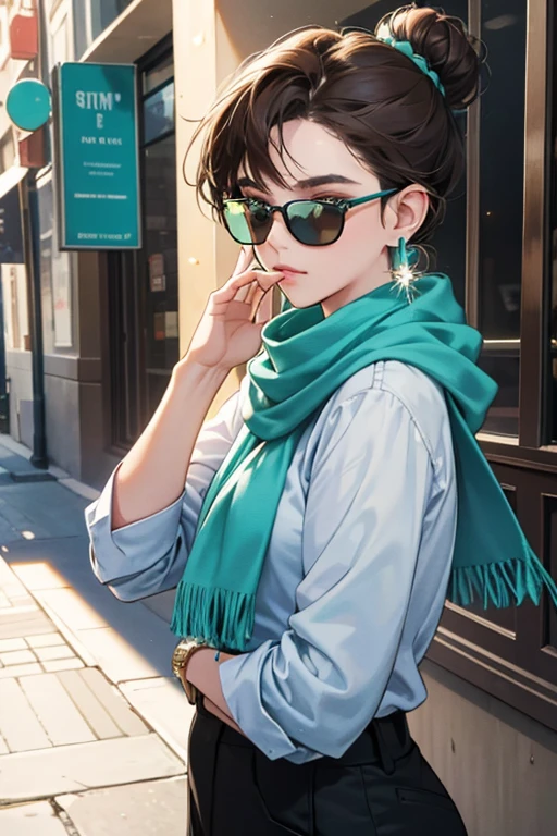 She has dark, brown hair worn in a bun and has blue earrings. She wears a teal shirt, a light green scarf, and black pants. Also, she always wears sunglasses when going outside. SPARKLE; GLITTER