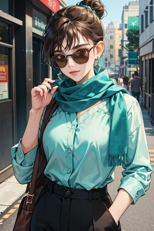 She has dark, brown hair worn in a bun and has blue earrings. She wears a teal shirt, a light green scarf, and black pants. Also, she always wears sunglasses when going outside. SPARKLE; GLITTER