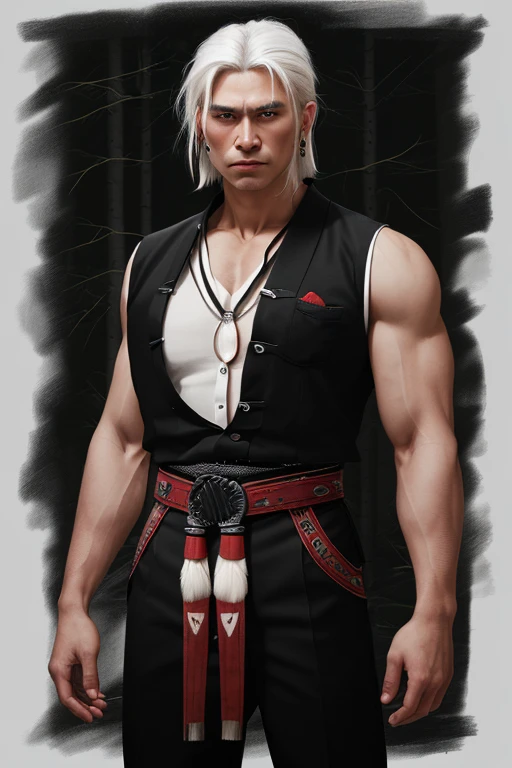 Man in his 30s white hair blonde muscular build native American black hair cut black shirt black vest black pants black belt with red buckle night forest background