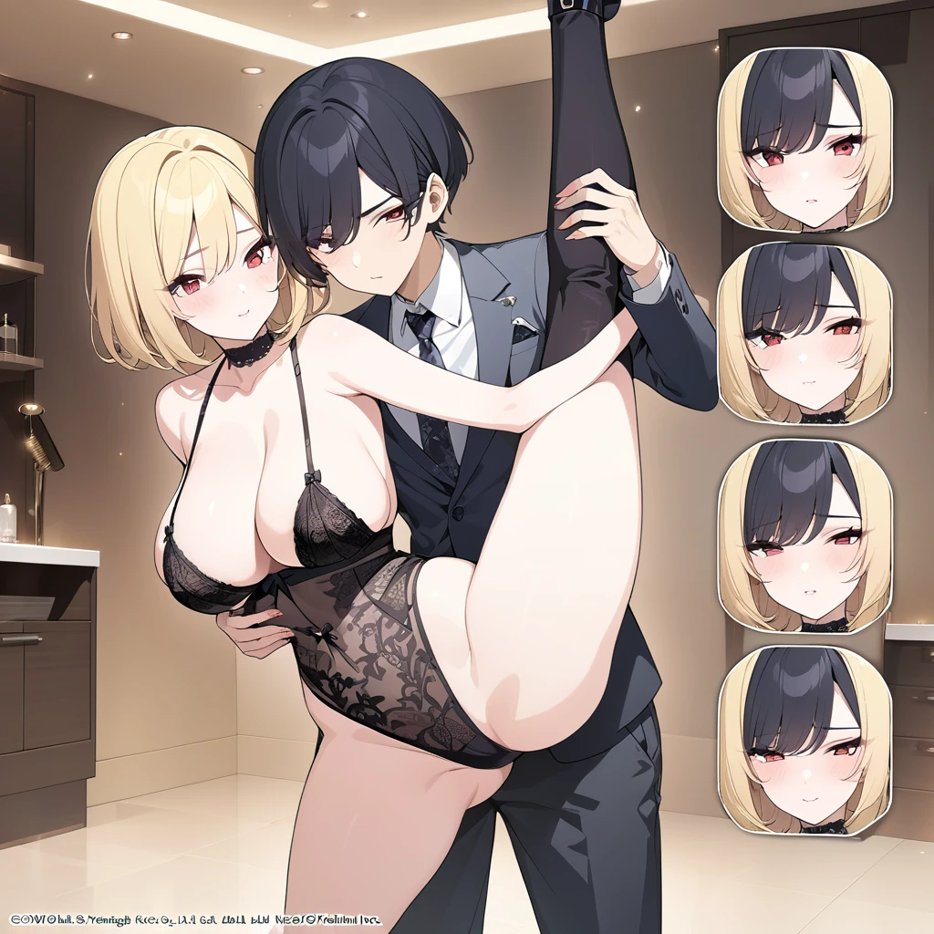 (masterpiece, highest quality, highest quality, official art, Cosmetology and aesthetics: 1.2), (A cross-dressing boy, medium black hair, bob cut, lingerie,Cute, delicate and short,whole body,standing split boy), (A tall, seductive woman with large breasts, red eyes and long blonde hair , lingerie, standing girl, (girl hug from behind girl)