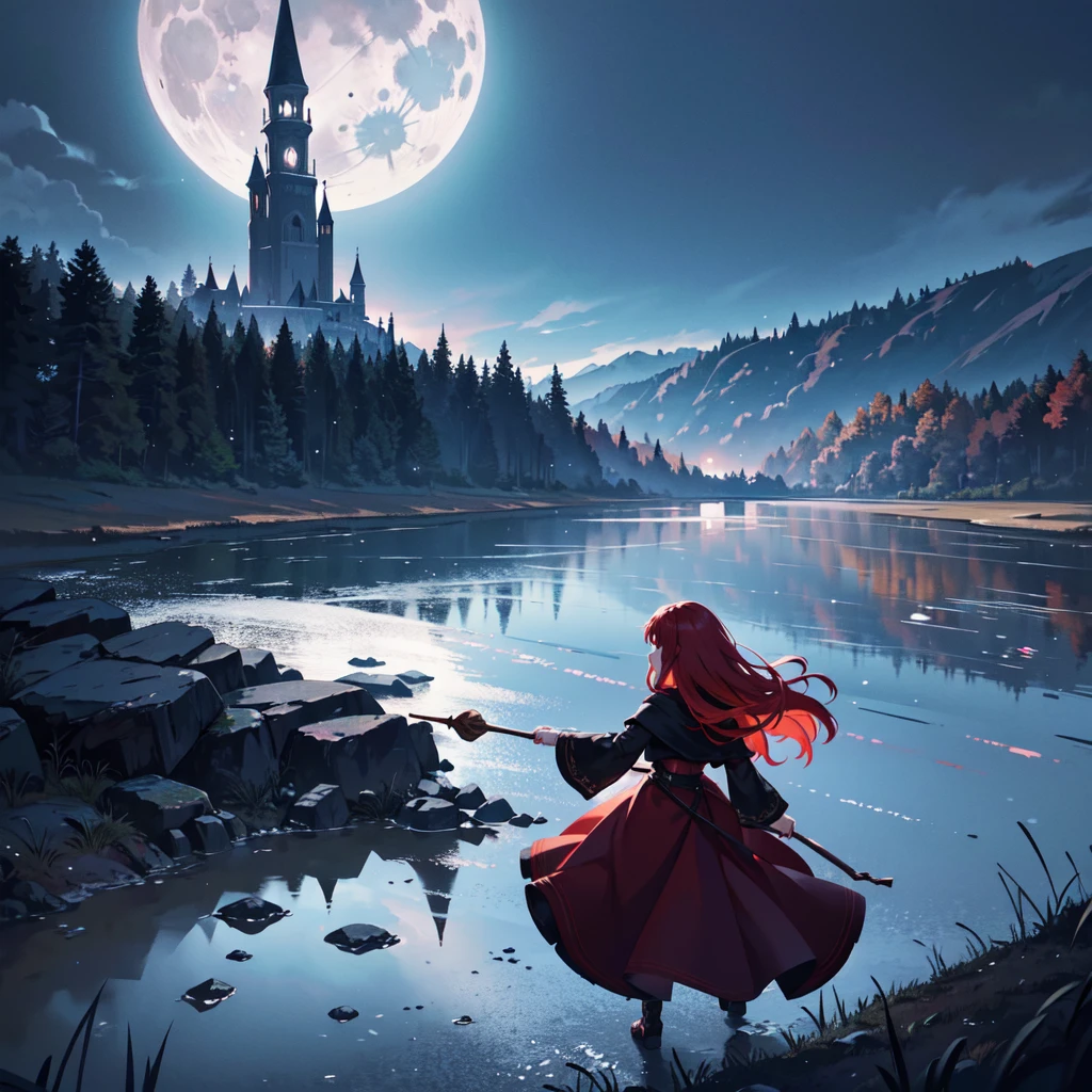 The prompt for Stable Diffusion generation is as follows:

"Witch,RPG,Sorceress,Magic,Red-haired Woman,reaching for a crow,night background,(best quality,4k,8k,highres,masterpiece:1.2),ultra-detailed,(realistic,photorealistic,photo-realistic:1.37),digital illustration,spooky atmosphere,dramatic lighting,vivid colors,moonlit scenery"