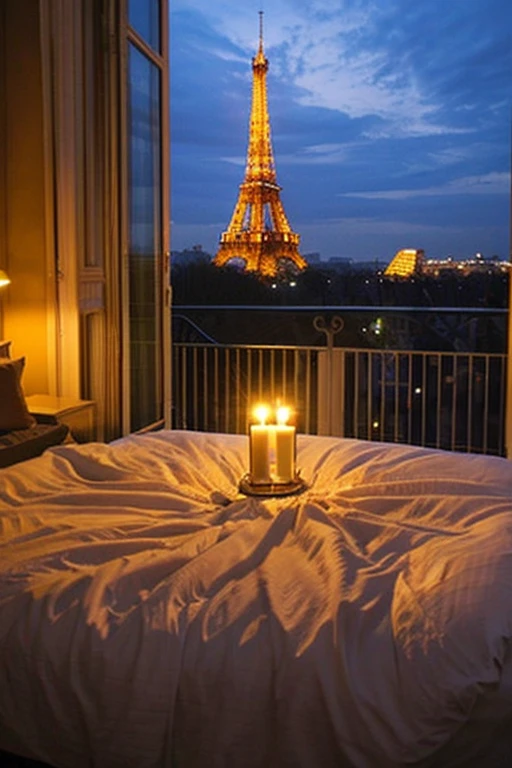 Paris by Night、Eiffel Tower seen from the window、Candles、Bedroom、big white bed、
