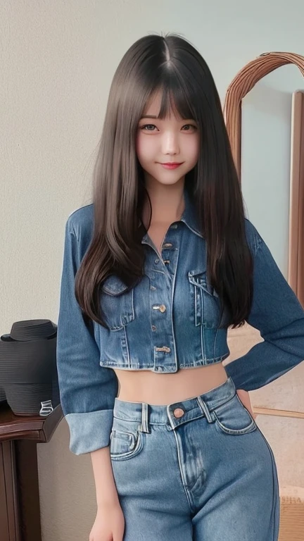 1girl in、17-years old、normal , perfect body ratio, body goals girl, ideal girl, perfect girl, she's my girlfriend、full body Esbian、perfect anatomy, detailed anatomy, A dark-haired, cute bangs, long straight dark hair, sweet smile, stunning face, good girl, gorgeous and cute face, black pretty long sleeve shirt, bare less shirt, perfect outfit, dark blue casual jeans, perfect camera, HD quality, high picture quality、inside house environment