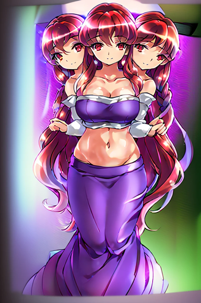 (masterpiece, best quality), best quality, (ultra-detailed), (3heads:1.5), 1girl, (kotohime:1.3), masterpiece, best quality, ultra quality, ultra resolution, ultra detail, purple top, crop top, ((stomach)), midriff, ((groin)), exposed open belly, purple skirt, normal ears, shackles, red hair, very long hair, wavy hair, sidelocks, red eyes, detailed eyes, pupils, parted lips, open belly, sweat, cute, toned belly, hand on own chest, eyelashes, (25 year old woman:1.3), (masterpiece:1.5), (best quality:1.5), (beautiful detailed), extremely detailed CG, extremely delicate and beautiful, depth of field, (finely detailed face), (perfect details:1.2), (mature female:1.3), wide pelvis, slender, large veiny breast, 16k resolution, highres, very high quality, very high definition, extremely detailed, masterpiece, red hair, long hair, alluring presence, braid, short skirt, close up, big tits, young,
