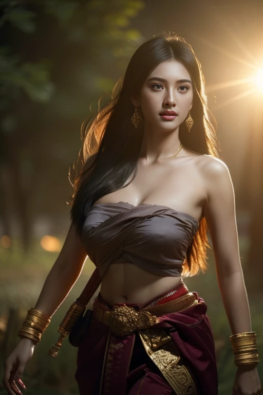 beautiful girl ,Thai Women&#39;s Warriors, walking at thai measure, dynamic poses, Thai Chut Set, Strapless shirt, long hair,black eyes,abdominal muscles, plump body, rounded chest, (big breast:1.2), rift, morning sun, staring at the audience, (sexy poses), ((face details)), Double eyelids, finished, realistic, Masterpiece, Highest quality, lens flare, shade, old measure, measure, [[Chromatic aberration]], By Jeremy Lipking, By Antonio J.. Manzanedo, digital painting, HDR, high contrast
