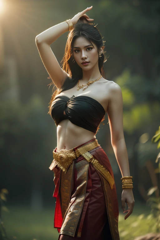 beautiful girl ,Thai Women&#39;s Warriors, walking at thai measure, dynamic poses, Thai Chut Set, Strapless shirt, long hair,black eyes,abdominal muscles, plump body, rounded chest, (big breast:1.2), rift, morning sun, staring at the audience, (sexy poses), ((face details)), Double eyelids, finished, realistic, Masterpiece, Highest quality, lens flare, shade, old measure, measure, [[Chromatic aberration]], By Jeremy Lipking, By Antonio J.. Manzanedo, digital painting, HDR, high contrast
