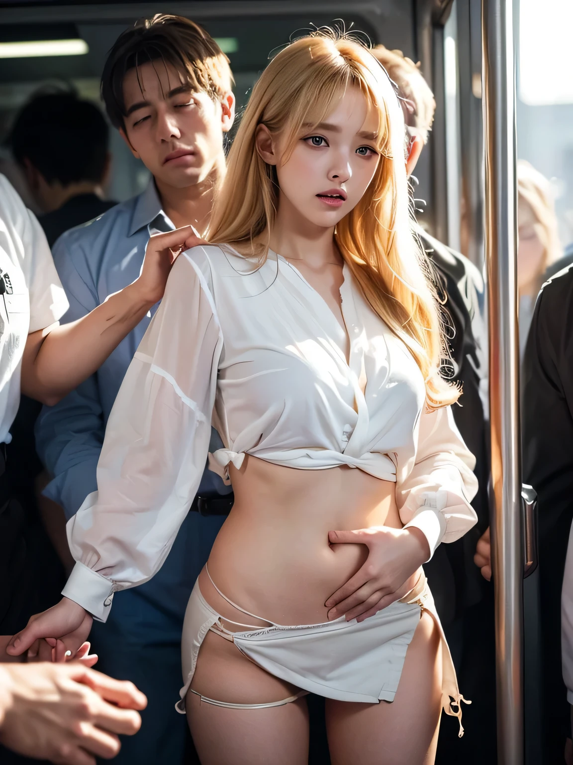 8K, Photographic images, masterpiece, 最high quality, super resolution, Beauty with golden curly hair, ((blonde beauty)), With bangs, Impossibly cute face, and slim, small breasts, high quality, T Masterpiece, Exquisite Function, she looks sad, delicate eyes, delicate golden hair, 8K quality, Pale light and shadow, Dindal effect, disheveled golden hair, With bangs, A Young Country, Erotic scenes, rock, (element), Very bright white background, (Group molesters:1.3), 1  girl, (Image from below front), She was finger raped by several men、(((Inside a crowded train in Japan))), (((She is forced to stand between men and is finger-raped:1.3))), (men are standing around her), (wearing her sexy blouse and miniskirt), (super beautiful face), (her sexy clothes were torn, Her underwear is torn and her skin is visible., pink nipples, thin pubic hair), ( She was grabbed by the man, The men cupped her buttocks with their hands.:1.3), (her clothes were torn and torn:1,3), (At SFW), (((Her blouse is torn and the front is exposed.))), (Her miniskirt is being lifted up from below by men.), (((The man&#39;s hands are touching her crotch and raping her with his fingers))), (((A man puts his hand inside her skirt))), (((man pulls her torn skirt))), (((Anxious and embarrassed, her expression of ecstasy), (her mouth half open), (She is looking down because she is embarrassed..), (She is very reluctant), (she is refusing), (Very troubled look)(Moans of pain))),