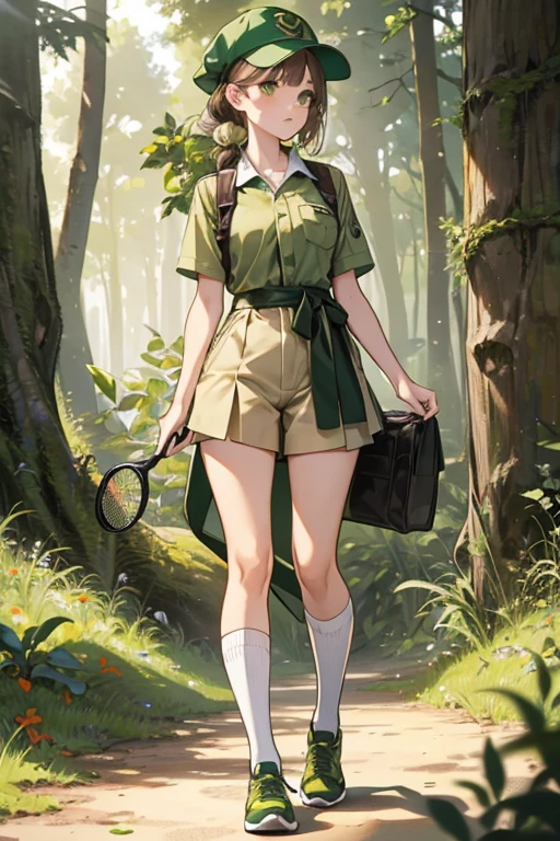 She has short, shoulder-length straight hair that is a coffee brown color and is usually pulled behind her ears.
Her Poppy Rangers outfit consists of a light-moss green short-sleeve shirt, overlaid with a yellow bandana around the collar with a single olive stripe across the middle. As well, this includes green-toned khaki shorts, tennis shoes of the same color, and tube socks underneath. Over-top the entire outfit is a dark green sash. SPARKLE; GLITTER