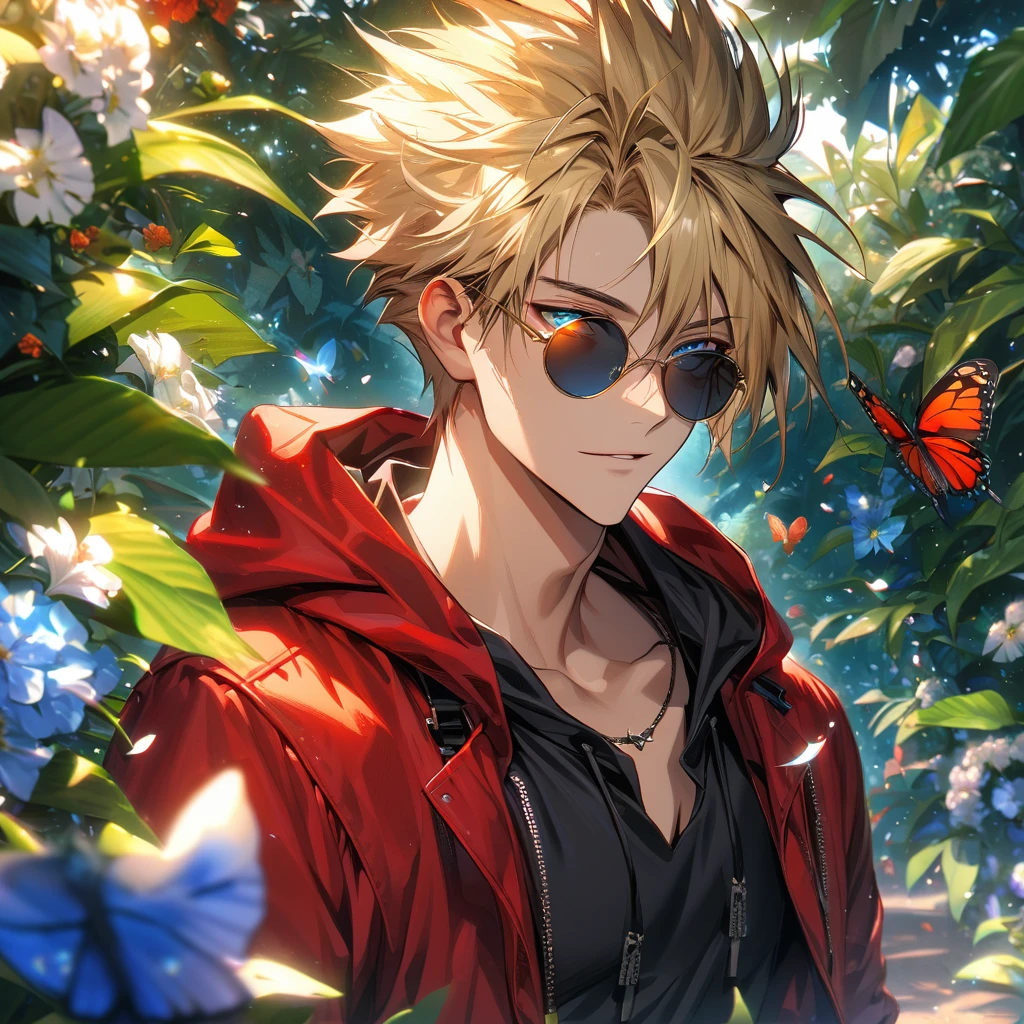 Ultra detailed, highres, absurdres, HDR, Vash Stampede, blond hair, blue eyes, red long coat with a hoodie, black shirt, amber round sunglasses, Trigun, green leaves, flowers and petals, summer, 1 man only, handsome, butterflies