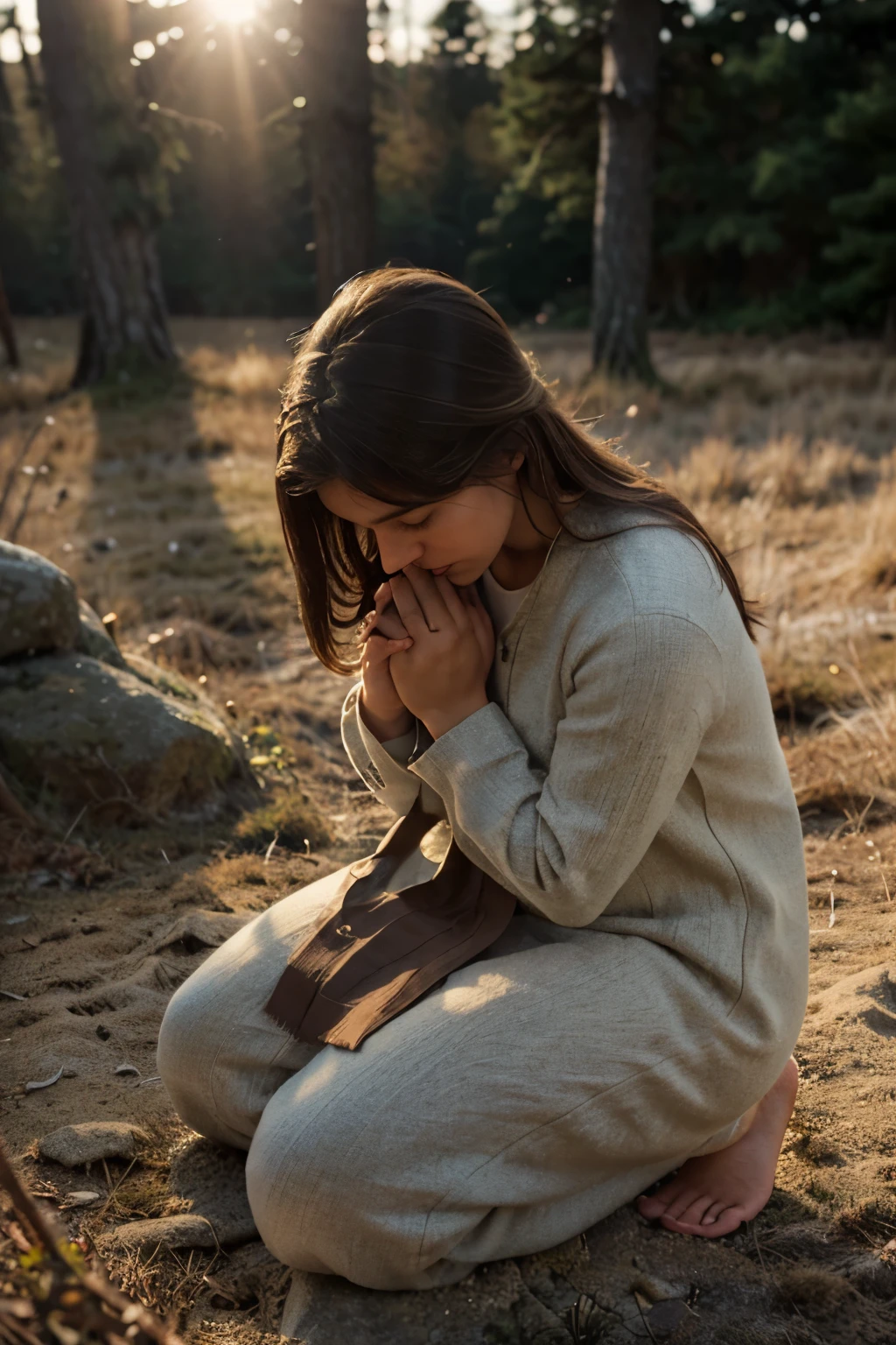 A photorealistic image of a person kneeling in prayer with their head bowed and hands clasped, with a soft light shining down on them. The background should be a blur of nature with warm, contemplative colors. Overlay text that says "Feeling distant from God?" in a clear and easy-to-read font.