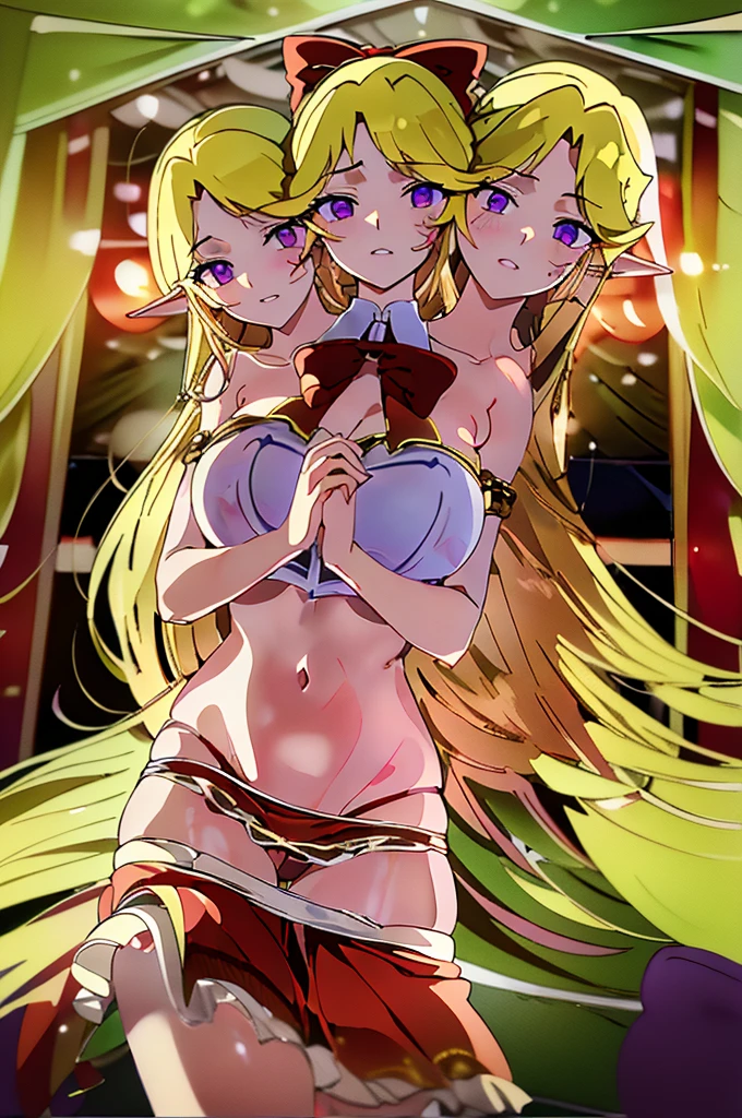 (masterpiece, best quality), best quality, (ultra-detailed), (3heads:1.5), 1girl, (elis:1.3), masterpiece, best quality, ultra quality, ultra resolution, ultra detail, white top, crop top, ((stomach)), midriff, ((groin)), red skirt with strange purple markings along its hem, miniskirt, normal ears, midriff, , blonde hair, very long hair, wavy hair, sidelocks, purple eyes, parted lips, sweat, cute, toned belly, hand on own chest, eyelashes, (25 year old woman:1.3), (masterpiece:1.5), (best quality:1.5), (beautiful detailed), extremely detailed CG, extremely delicate and beautiful, depth of field, (finely detailed face), (perfect details:1.2), (mature female:1.3), wide pelvis, slender, large veiny breast, 16k resolution, highres, very high quality, very high definition, extremely detailed, masterpiece, blonde long hair, alluring presence, twin braid, short skirt, close up, big , young, red bow, purple bat wings, nsfw, open belly,