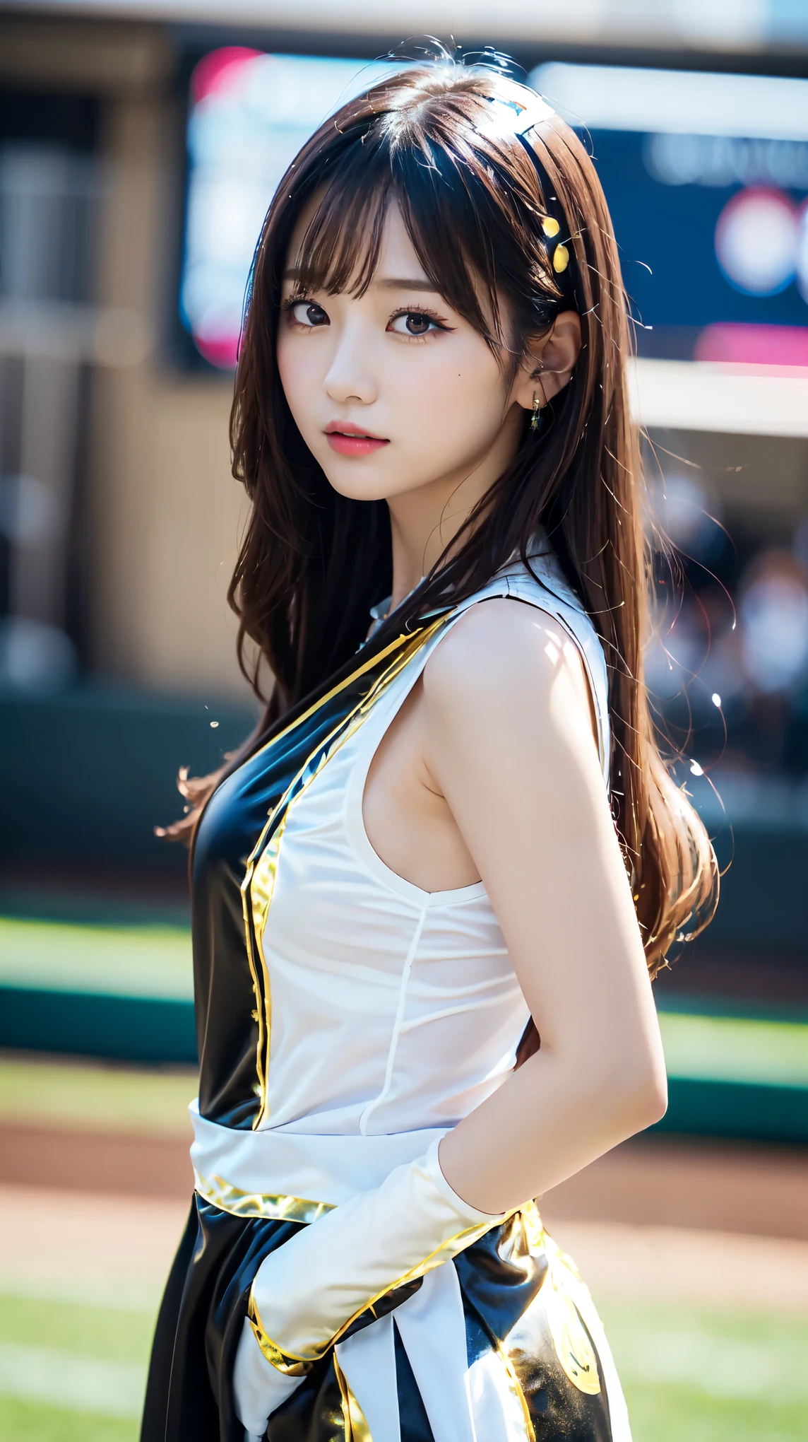 ((Idol Costume:1.5)), ,The cutest gravure idol pose in the world、perfect proportions、cute、((18 year old female:1.ung adorable japanese face,first pitch ceremony, official art,Highly detailed CG Unity 8K wallpaper,(masterpiece:1.0),(highest quality:1.0), 超A high resolution,4k,Super detailed, photo shoot, 8K, nffsw, High resolution, kodak portrait 400, film grain, lens flare glow,高いest quality,8K,nffsw:1.2),portrait shot,8K、View viewer、view from the side