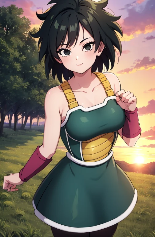 masterpiece, best quality, gine, saiyan armor, collarbone, green skirt, wristband, black pantyhose, upper body, smile, looking at viewer, field, trees, sunset sky, 1 girl, solo, cowboy shot