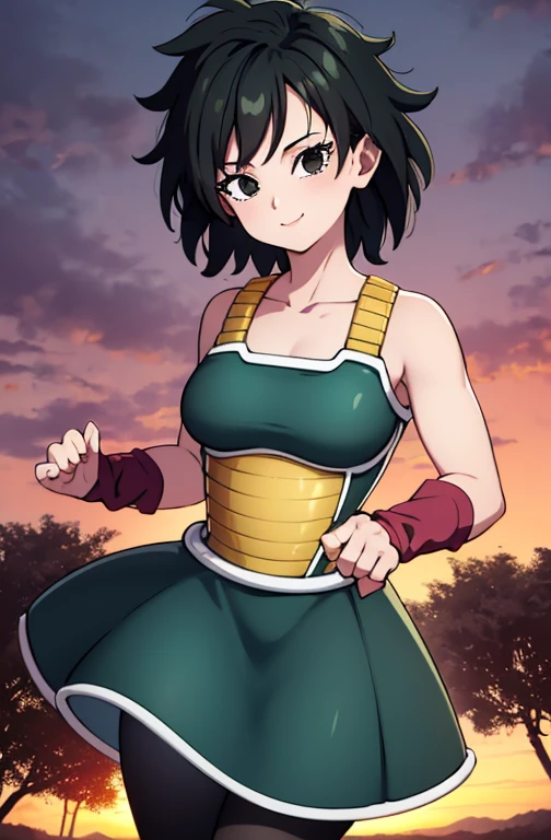 masterpiece, best quality, gine, saiyan armor, collarbone, green skirt, wristband, black pantyhose, upper body, smile, looking at viewer, field, trees, sunset sky, 1 girl, solo