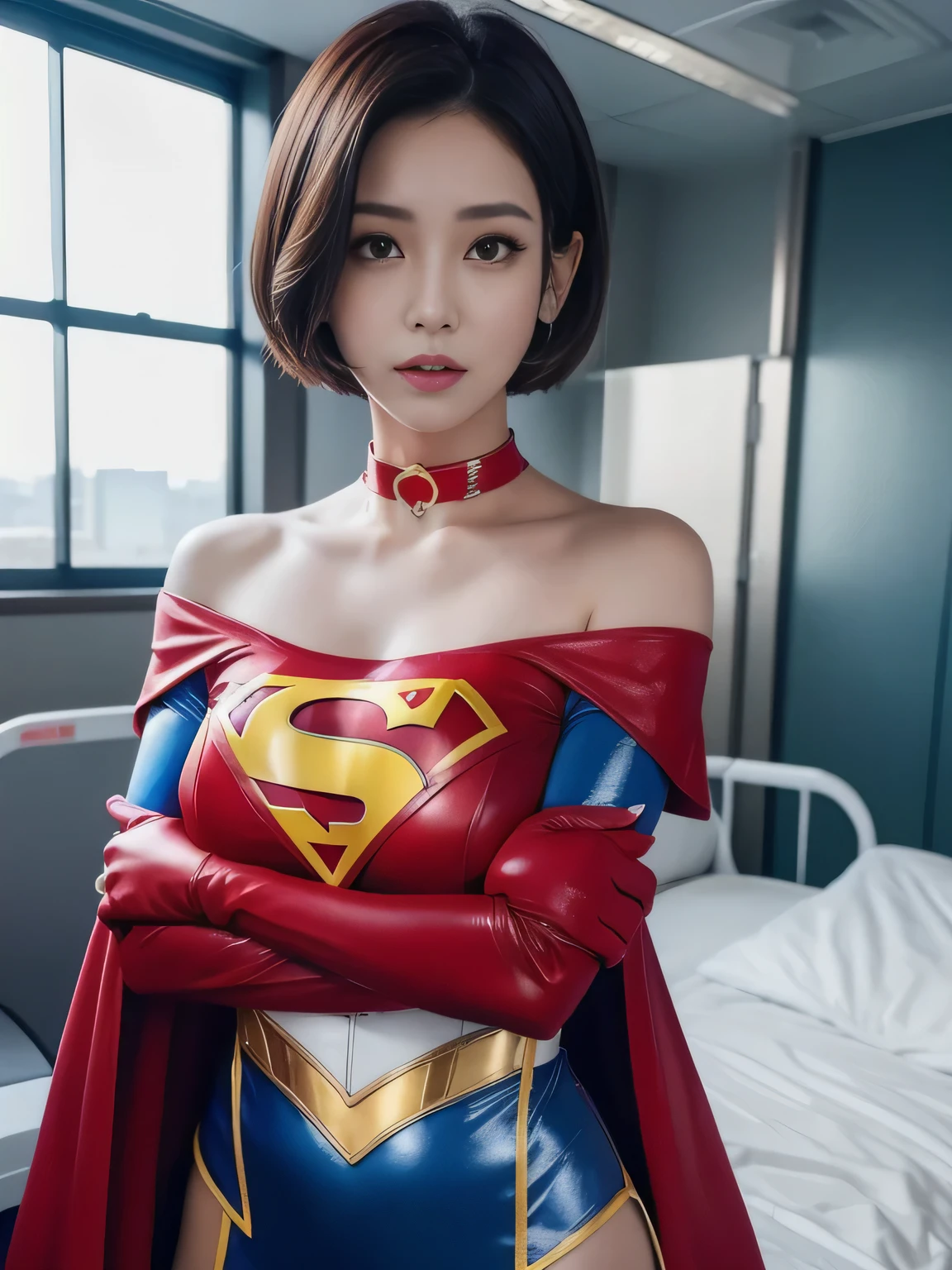 masterpiece、Enamel Supergirl Costume、short hair、Hospital operating table、Crisis situation、big and full breasts、looking at the camera、shiny、off shoulder、choker、long sleeve、red exy poses to seduce、sweaty、model body shape、Glamorous、charm、charming、abused、