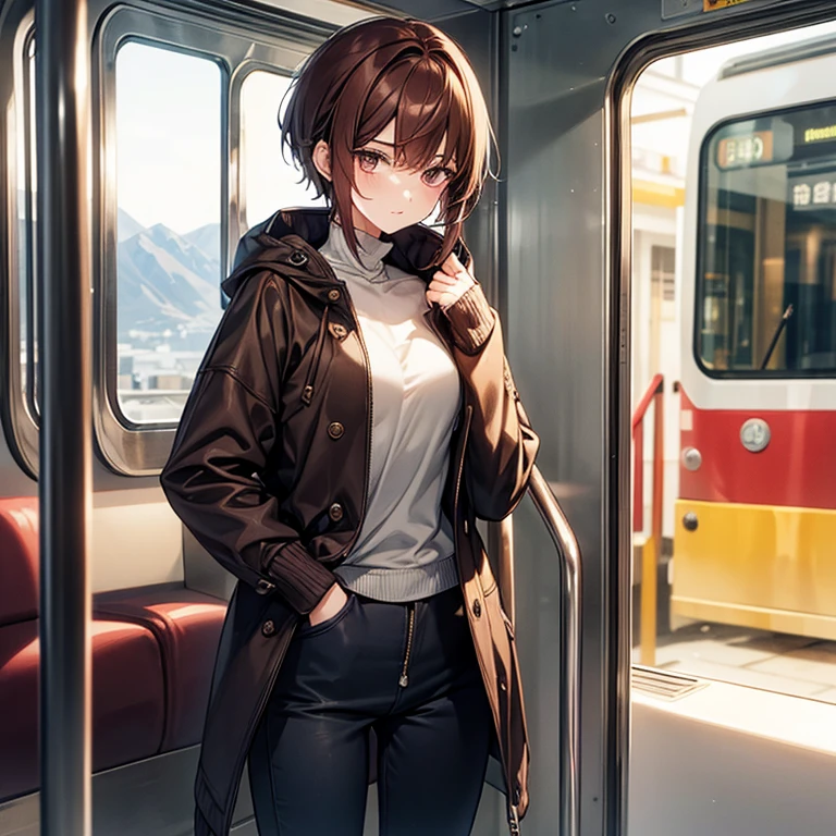 masterpiece、delicate details、adult woman、Sophisticated、On a city train、Slender beauty、Oversized mountain parka(close zip)、Knitwear with a high neck、beautiful clavicle、Low rise skinny pants、tall、I like the style、small breasts、Sharp Eyes、cool beauty、older sister、pixie cut、The hair ends are trimmed、short nape、Thick-soled boots、Reddish brown hair、