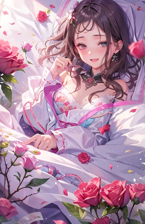 ((highest quality)), ((masterpiece)), (get used to it), perfect face , beautiful girl , In underwear ,  Roses scattered , lie on the bed ,