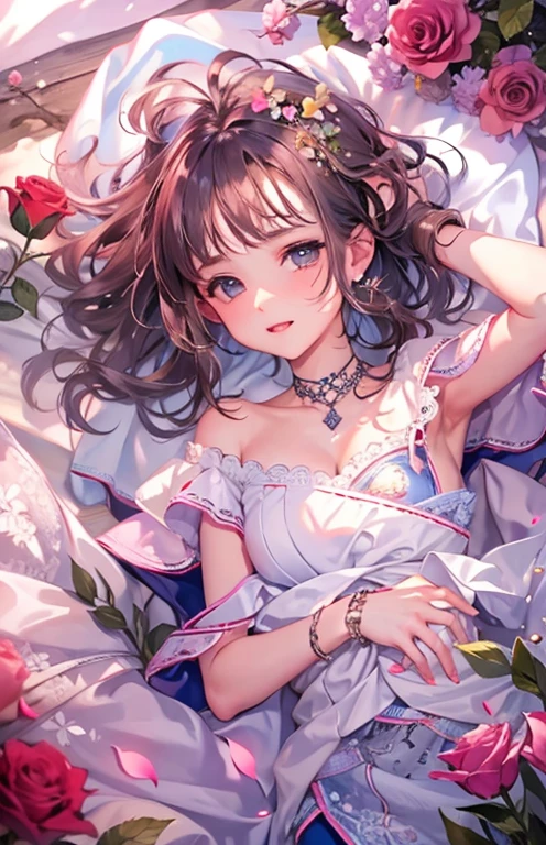 ((highest quality)), ((masterpiece)), (get used to it), perfect face , beautiful girl , In underwear , Roses scattered , lie on the bed ,