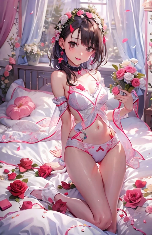 ((highest quality)), ((masterpiece)), (get used to it), perfect face , beautiful girl , In underwear , Roses scattered , lie on the bed ,