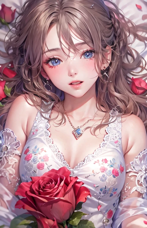 (Masterpiece, BestQuality:1.3), (ultra detailed:1.2), (hyperrealistic:1.3), (RAW photo:1.2), High detail RAW color photo, professional photograph, (Photorealistic:1.4), (realistic:1.4), (Pink Hair:1.5), professional lighting, perfect anatomy, (Big Breasts:1.2), (blush, detailed face), (A happy smile:1.7), Trending Hair&Trending Hairカラーをランダムに, earrings, necklace, bracelet, sexly, erotic sexly, Random sexy gravure poses, (Sexy beauty in a white lace dress、Flower field background、Smiling face、Spinning pose with arms outstretched、Sheer:1.3)