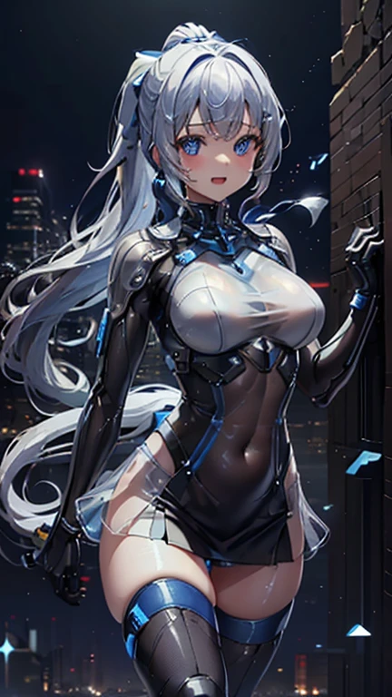 woman,,,city,night,(((white and blue tight miniskirt bodysuit))),,open mouth smile((See-through)),((beautiful long ponytail)),((baby girl body shape)), combat readiness, 