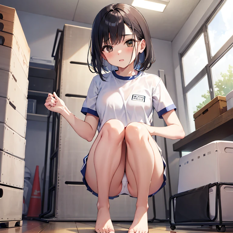 ((open legs:1.5))、(get your knees up:1.5)、Cross-legged、floorにsit女の子、Cross-leggedをかいてsit女の子、physical education sitting、sit、floor、gym storeroom, black hair、brown eyes, straight hair、15 year old girl、clenched fist、white panties、white gym uniform、Panty peek, good, Wet, from below、Folded gym clothes、topless、small breasts、embarrassing