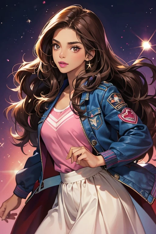 Rebecca has long, wavy brown hair and dark skin. She's seen wearing a blue jacket with a red undershirt. She also wears pink lipstick. SPARKLE; GLITTER