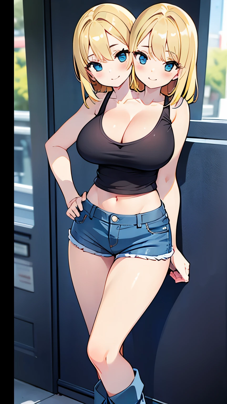 best quality, (masterpiece),(ultra-detailed), (high quality), (high resolution), ((2heads:1.5)), best quality:1.5, highres, UHD, 16K), smiling, highres, masterpiece, (blonde hair), (cleavage), (black short tank top), medium long hair, ((blue denim shorts)), lustrous and smooth skin, (mature woman), (black eyes), (cute face), (exposed midriff), seductive silhouette, ((slim hips)), casual dress, sexy proportions, young girl with accentuated slender abs, long legs, seductive woman, lustrous woman, (large breasts), detailed eyes, boots