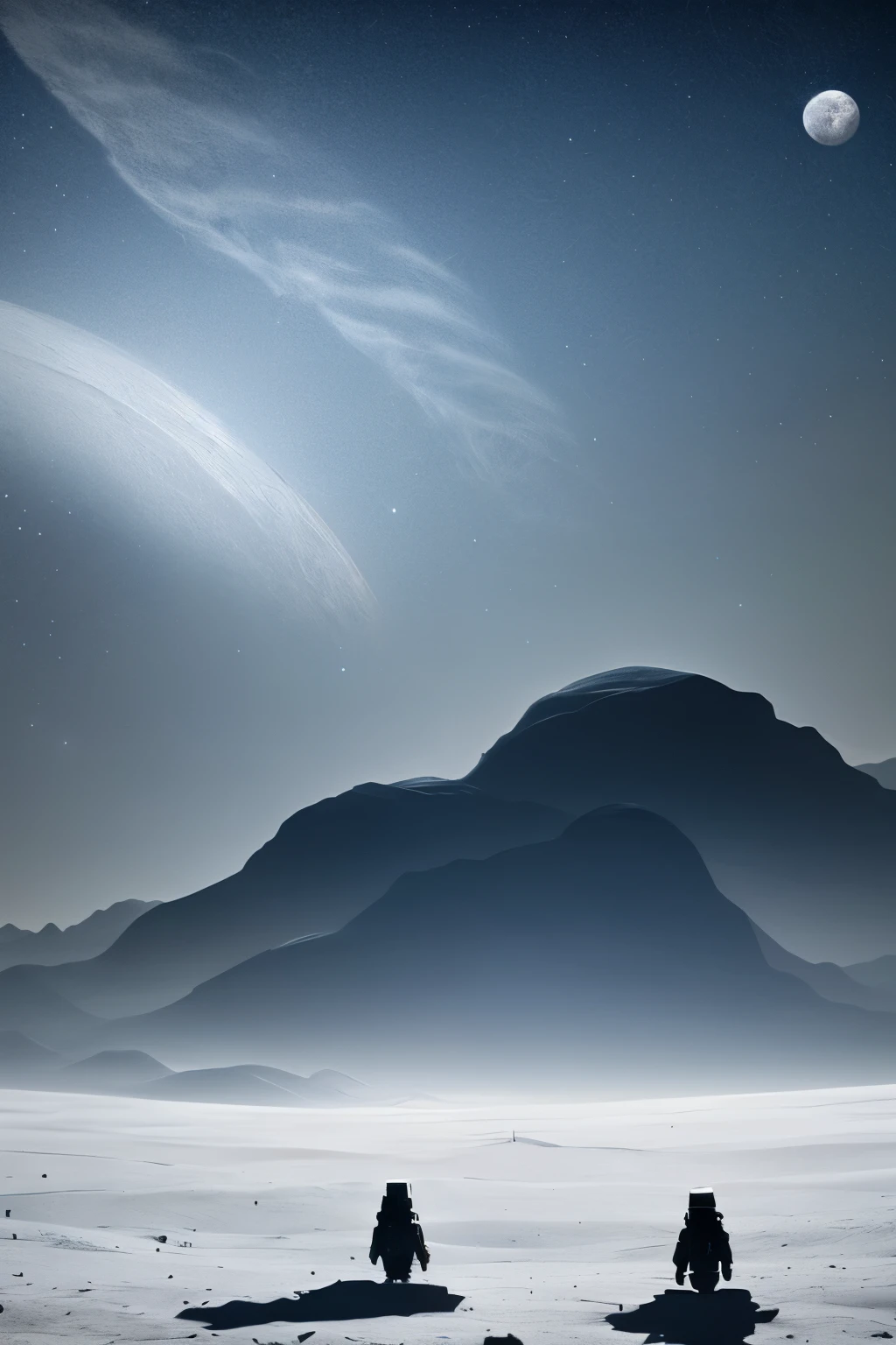 Amidst the desolate, tranquil landscape of the moon, two figures clad in pristine white space suits emerge, leaving behind the weightless, dusty surface. In the midst of this lunar wonderland, a stunning Chinese classical architecture comes into view. Ethereal, ancient structures with intricately carved facades rise from the moon's barren terrain, their slender pillars reaching for the star-studded sky.
The sun casts long, dramatic shadows on the intricately detailed buildings, bestowing an otherworldly ambiance upon this surreal scene. Delicate clouds of lunar dust, emitted from the buildings and the children, add a touch of whimsy