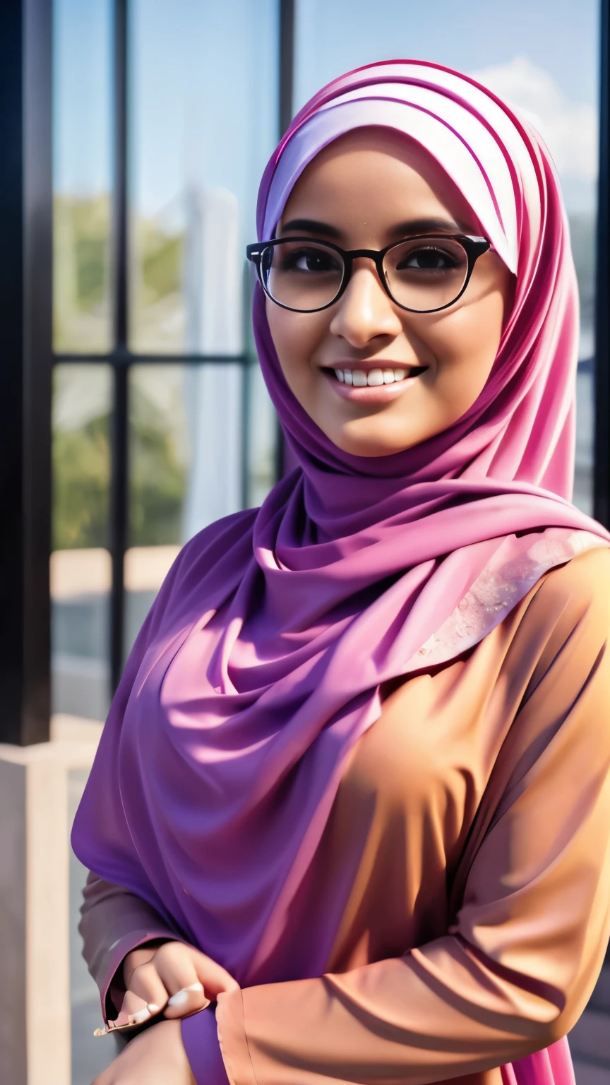 full body image of ultra realistic,16k, enhanced quality, perfect face, perfect hands, perfect body, ultra detailed, perfect hair, girl wearing glasses, perfect glasses, perfect smile, ultra realistic,wearing soft nigerian hijab, perfect nigerianhijab, muslim women long floral dress, perfect dress, sandals, a purse on shoulder,standing in dubai musuem of the future,illustration,cozy tranquil surroundings,serene expression, textured fabrics,exquisite detailing,loose hijab,comfortable clothing style,serene expression, feminine pose,lively,face to viewer,body facing to viewer,full body portrait,