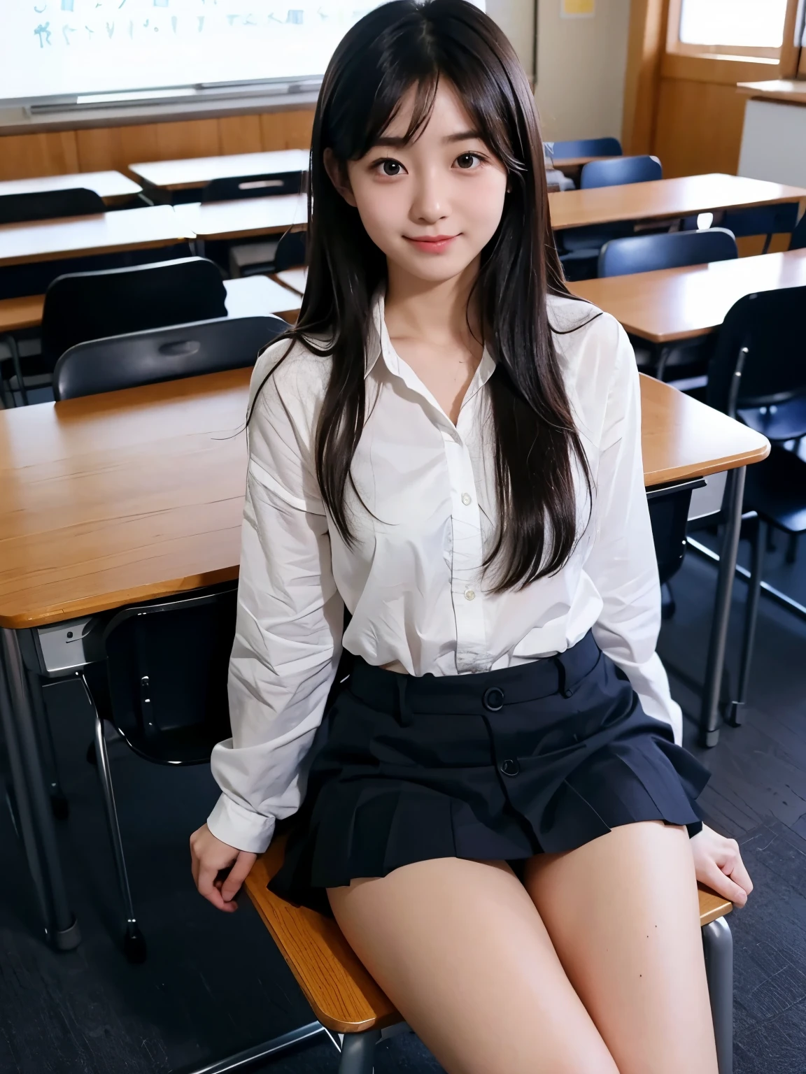highest quality、cute japanese、dark pubic hair、mini skirt、naked、No panties、high school student、ＭCharacter splits、sit、classroom